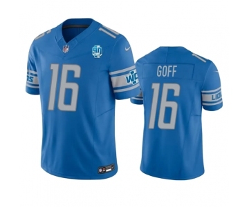 Men's Detroit Lions #16 Jared Goff Blue 2023 F.U.S.E. 90th Anniversary Patch Vapor Untouchable Limited Stitched Jersey