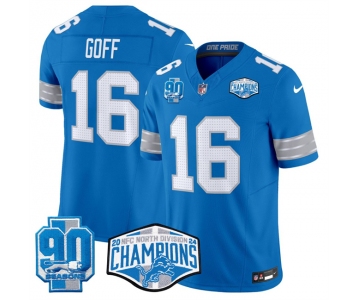 Men's Detroit Lions #16 Jared Goff Blue 2024 NFC North Champions 90th Anniversary Patch F.U.S.E. Vapor Limited Stitched Jersey