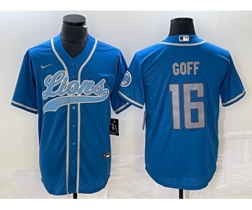 Men's Detroit Lions #16 Jared Goff Blue Cool Base Stitched Baseball Jersey