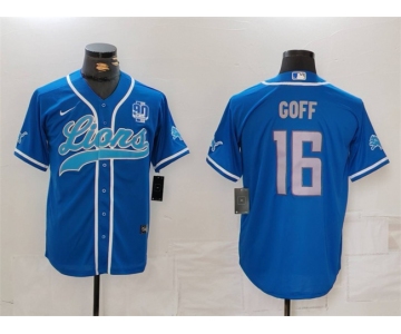 Men's Detroit Lions #16 Jared Goff Blue With 90th Anniversary Patch Cool Base Stitched Baseball Jersey