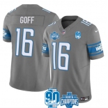 Men's Detroit Lions #16 Jared Goff Gray 2023 90th Anniversary North Division Champions Patch Limited Stitched Jersey