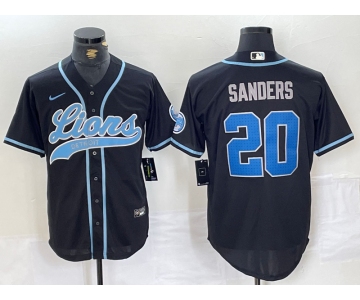 Men's Detroit Lions #20 Barry Sanders Black With Patch Cool Base Stitched Baseball Jersey