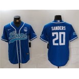 Men's Detroit Lions #20 Barry Sanders Blue With 90th Anniversary Patch Cool Base Stitched Baseball Jersey