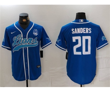 Men's Detroit Lions #20 Barry Sanders Blue With 90th Anniversary Patch Cool Base Stitched Baseball Jersey