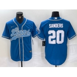 Men's Detroit Lions #20 Barry Sanders Blue With Patch Cool Base Stitched Baseball Jersey