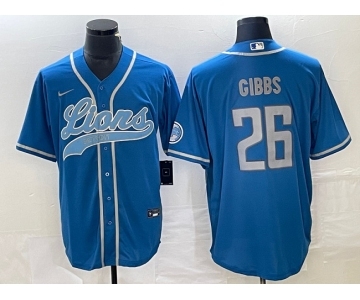 Men's Detroit Lions #26 Jahmyr Gibbs Blue Cool Base Stitched Baseball Jersey