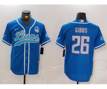 Men's Detroit Lions #26 Jahmyr Gibbs Blue With 90th Anniversary Patch Cool Base Stitched Baseball Jersey