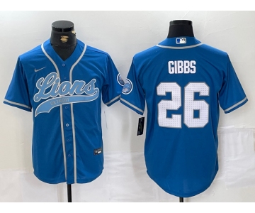 Men's Detroit Lions #26 Jahmyr Gibbs Blue With Patch Cool Base Stitched Baseball Jersey