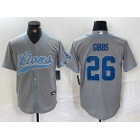 Men's Detroit Lions #26 Jahmyr Gibbs Grey With Patch Cool Base Stitched Baseball Jersey