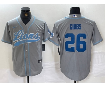 Men's Detroit Lions #26 Jahmyr Gibbs Grey With Patch Cool Base Stitched Baseball Jersey