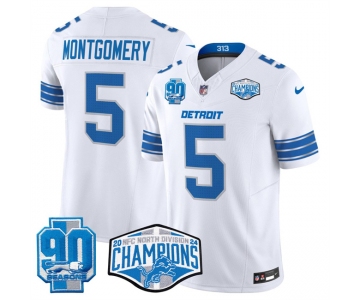 Men's Detroit Lions #5 David Montgomery White 2024 NFC North Champions 90th Anniversary Patch F.U.S.E. Vapor Limited Stitched Jersey