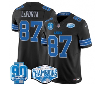 Men's Detroit Lions #87 Sam LaPorta Black 2024 NFC North Champions 90th Anniversary Patch F.U.S.E. Vapor Limited Stitched Jersey