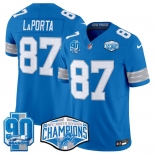 Men's Detroit Lions #87 Sam LaPorta Blue 2024 NFC North Champions 90th Anniversary Patch F.U.S.E. Vapor Limited Stitched Jersey