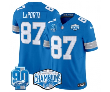 Men's Detroit Lions #87 Sam LaPorta Blue 2024 NFC North Champions 90th Anniversary Patch F.U.S.E. Vapor Limited Stitched Jersey