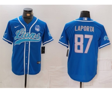 Men's Detroit Lions #87 Sam LaPorta Blue With 90th Anniversary Patch Cool Base Stitched Baseball Jersey