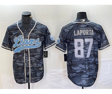 Men's Detroit Lions #87 Sam LaPorta Gray Camo Cool Base Stitched Baseball Jersey