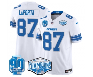 Men's Detroit Lions #87 Sam LaPorta White 2024 NFC North Champions 90th Anniversary Patch F.U.S.E. Vapor Limited Stitched Jersey