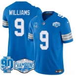 Men's Detroit Lions #9 Jameson Williams Blue 2024 NFC North Champions 90th Anniversary Patch F.U.S.E. Vapor Limited Stitched Jersey