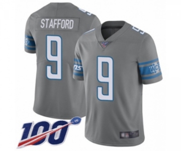 Men's Detroit Lions #9 Matthew Stafford Limited Steel Rush Vapor Untouchable 100th Season Football Jersey