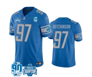 Men's Detroit Lions #97 Aidan Hutchinson Blue 2023 90th Anniversary North Division Champions Patch Limited Stitched Jersey