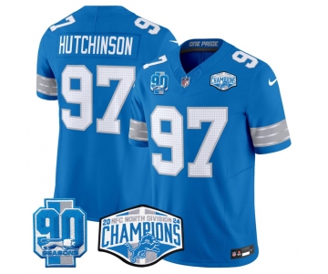 Men's Detroit Lions #97 Aidan Hutchinson Blue 2024 NFC North Champions 90th Anniversary Patch F.U.S.E. Vapor Limited Stitched Jersey