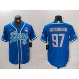 Men's Detroit Lions #97 Aidan Hutchinson Blue With 90th Patch Cool Base Stitched Baseball Jersey