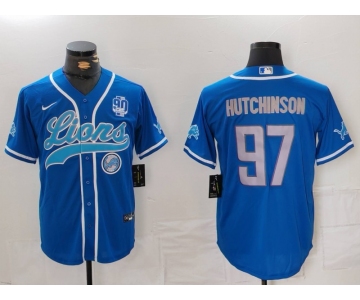 Men's Detroit Lions #97 Aidan Hutchinson Blue With 90th Patch Cool Base Stitched Baseball Jersey