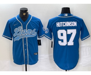 Men's Detroit Lions #97 Aidan Hutchinson Blue With Patch Cool Base Stitched Baseball Jersey