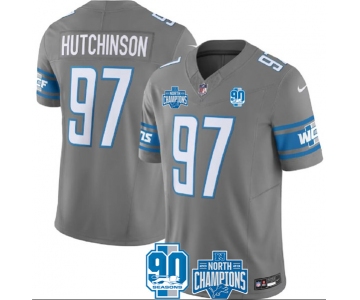 Men's Detroit Lions #97 Aidan Hutchinson Gray 2023 90th Anniversary North Division Champions Patch Limited Stitched Jersey