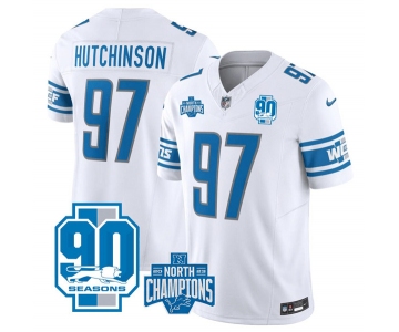 Men's Detroit Lions #97 Aidan Hutchinson White 2023 90th Anniversary North Division Champions Patch Limited Stitched Jersey