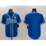 Men's Detroit Lions Blank Blue With 90th Patch Cool Base Stitched Baseball Jersey