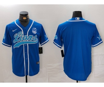 Men's Detroit Lions Blank Blue With 90th Patch Cool Base Stitched Baseball Jersey