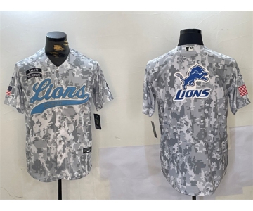 Men's Detroit Lions Team Big Logo 2024 Arctic Camo Salute To Service Stitched Baseball Jersey