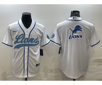 Men's Detroit Lions White Team Big Logo With Patch Cool Base Stitched Baseball Jersey