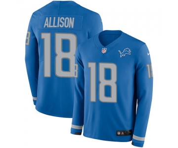 Nike Lions #18 Geronimo Allison Blue Team Color Men's Stitched NFL Limited Therma Long Sleeve Jersey