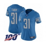 Women's Detroit Lions #31 Teez Tabor Blue Team Color Vapor Untouchable Limited Player 100th Season Football Jersey