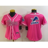 Women's Detroit Lions Pink Team Big Logo With Patch Cool Base Stitched Baseball Jersey