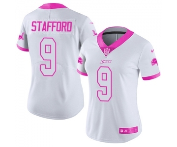 Women's Nike Detroit Lions #9 Matthew Stafford Limited White Pink Rush Fashion NFL Jersey