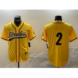 Men's Pittsburgh Steelers #2 Justin Fields Yellow With Patch Cool Base Stitched Baseball Jersey