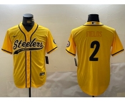 Men's Pittsburgh Steelers #2 Justin Fields Yellow With Patch Cool Base Stitched Baseball Jersey