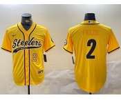 Men's Pittsburgh Steelers #2 Justin Fields Yellow With Patch Cool Base Stitched Baseball Jerseys