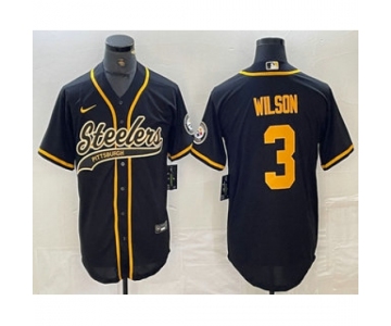 Men's Pittsburgh Steelers #3 Russell Wilson Black With Cool Base Stitched Baseball Jersey