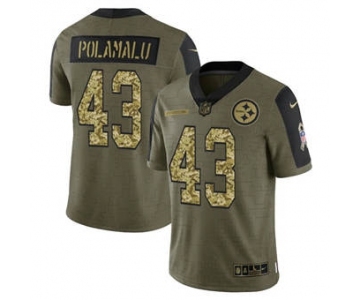 Men's Pittsburgh Steelers #43 Troy Polamalu 2021 Olive Camo Salute To Service Limited Stitched Football Jersey