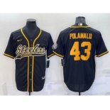 Men's Pittsburgh Steelers #43 Troy Polamalu Black Gold With Patch Cool Base Stitched Baseball Jersey