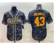 Men's Pittsburgh Steelers #43 Troy Polamalu Grey Navy Camo With Patch Cool Base Stitched Baseball Jersey