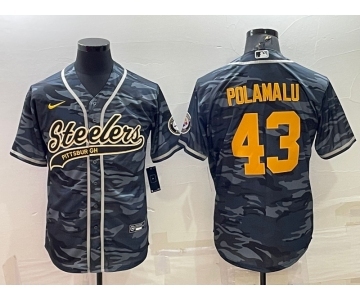 Men's Pittsburgh Steelers #43 Troy Polamalu Grey Navy Camo With Patch Cool Base Stitched Baseball Jersey