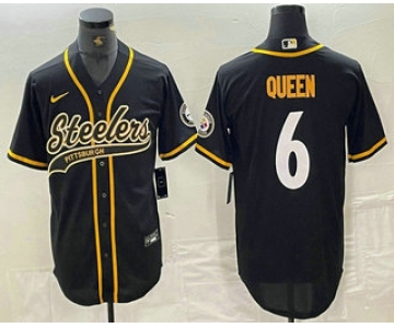 Men's Pittsburgh Steelers #6 Patrick Queen Black With Patch Cool Base Stitched Baseball Jersey