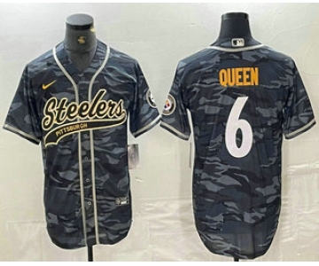 Men's Pittsburgh Steelers #6 Patrick Queen Camo With Patch Cool Base Stitched Baseball Jersey