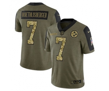 Men's Pittsburgh Steelers #7 Ben Roethlisberger 2021 Olive Camo Salute To Service Limited Stitched Football Jersey