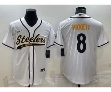 Men's Pittsburgh Steelers #8 Kenny Pickett White With Patch Cool Base Stitched Baseball Jersey